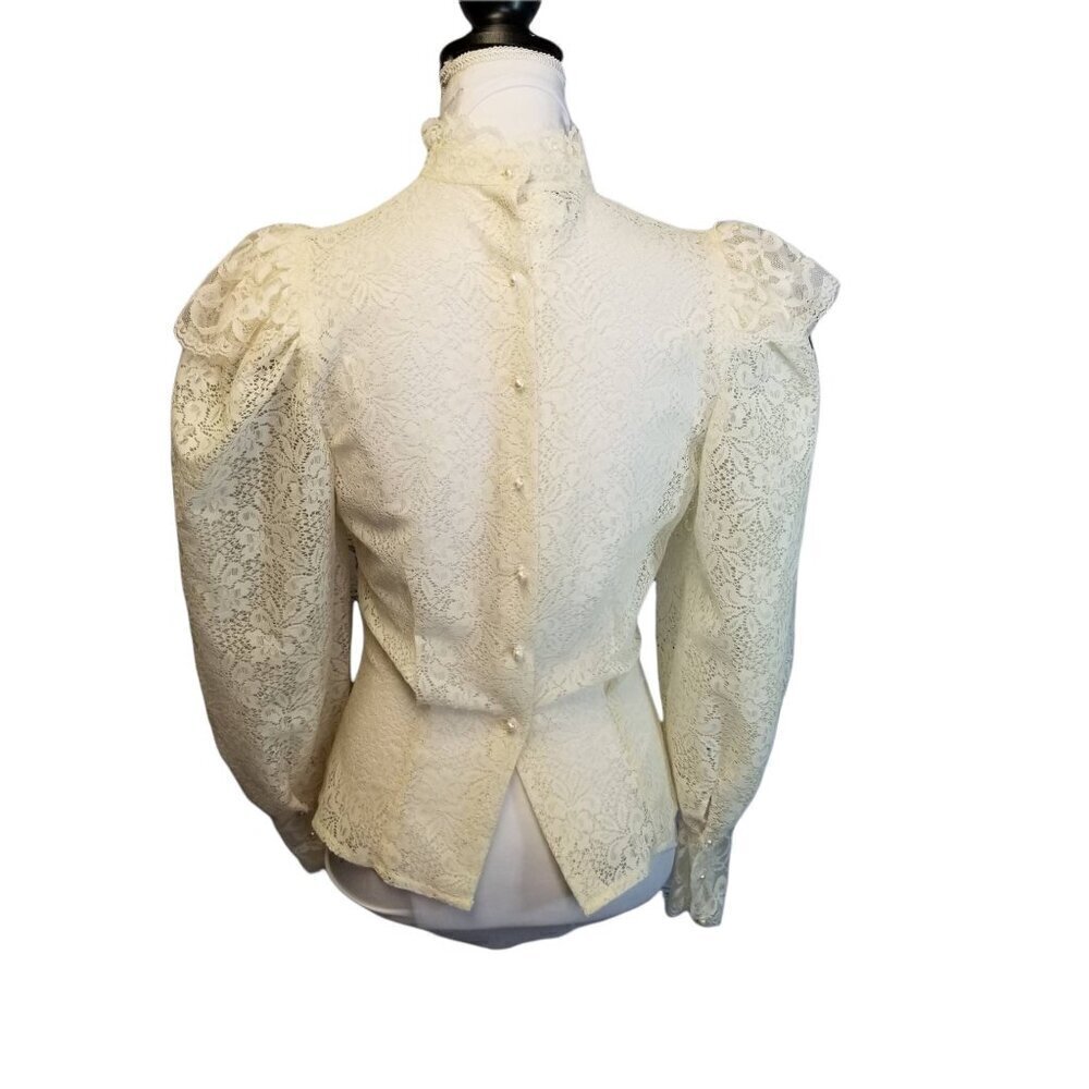 Vtg 70s does victorian ivory lace sheer ruffle puffy sleeve button back blouse - Picture 8 of 12